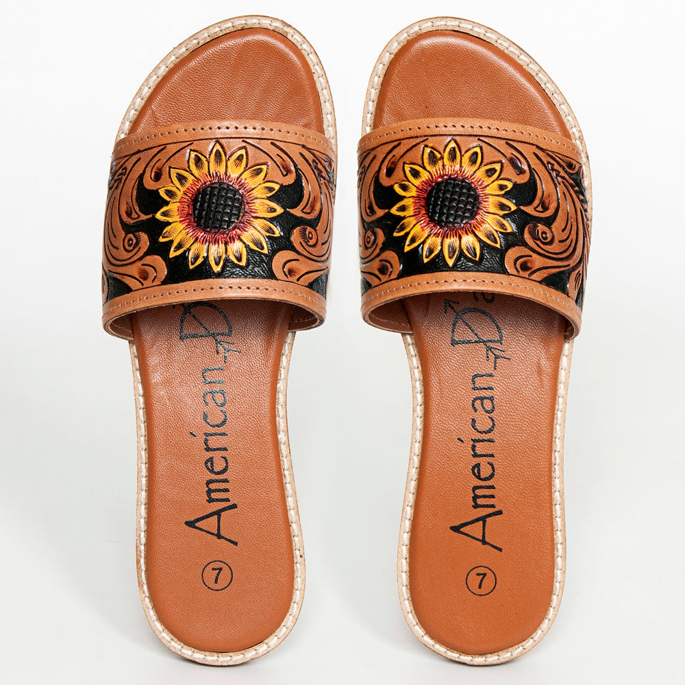 LC-ADFTE106A-9 Sunflower Tooled Leather Slide Sandals - Western Summer Slip-Ons by American Darling