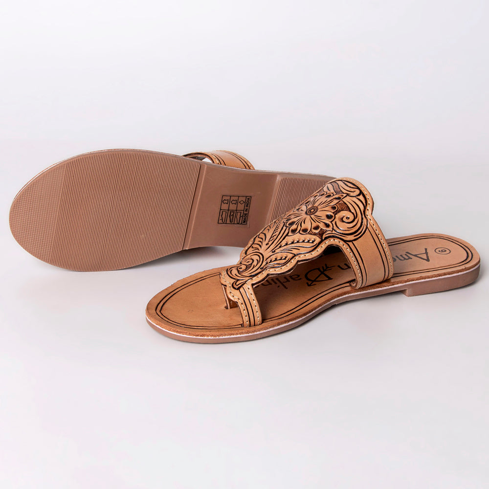LC-ADFTE109 Hand-Tooled Leather Toe Ring Sandals - Floral Western Slides by American Darling