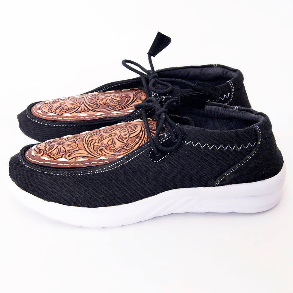 LC-ADFT135 Women's Black Canvas Tooled Leather Western Loafers - American Darling Slip-On Shoes