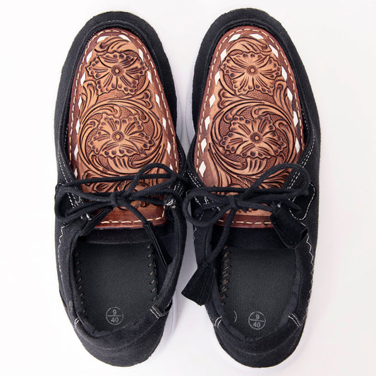 LC-ADFT135 Women's Black Canvas Tooled Leather Western Loafers - American Darling Slip-On Shoes