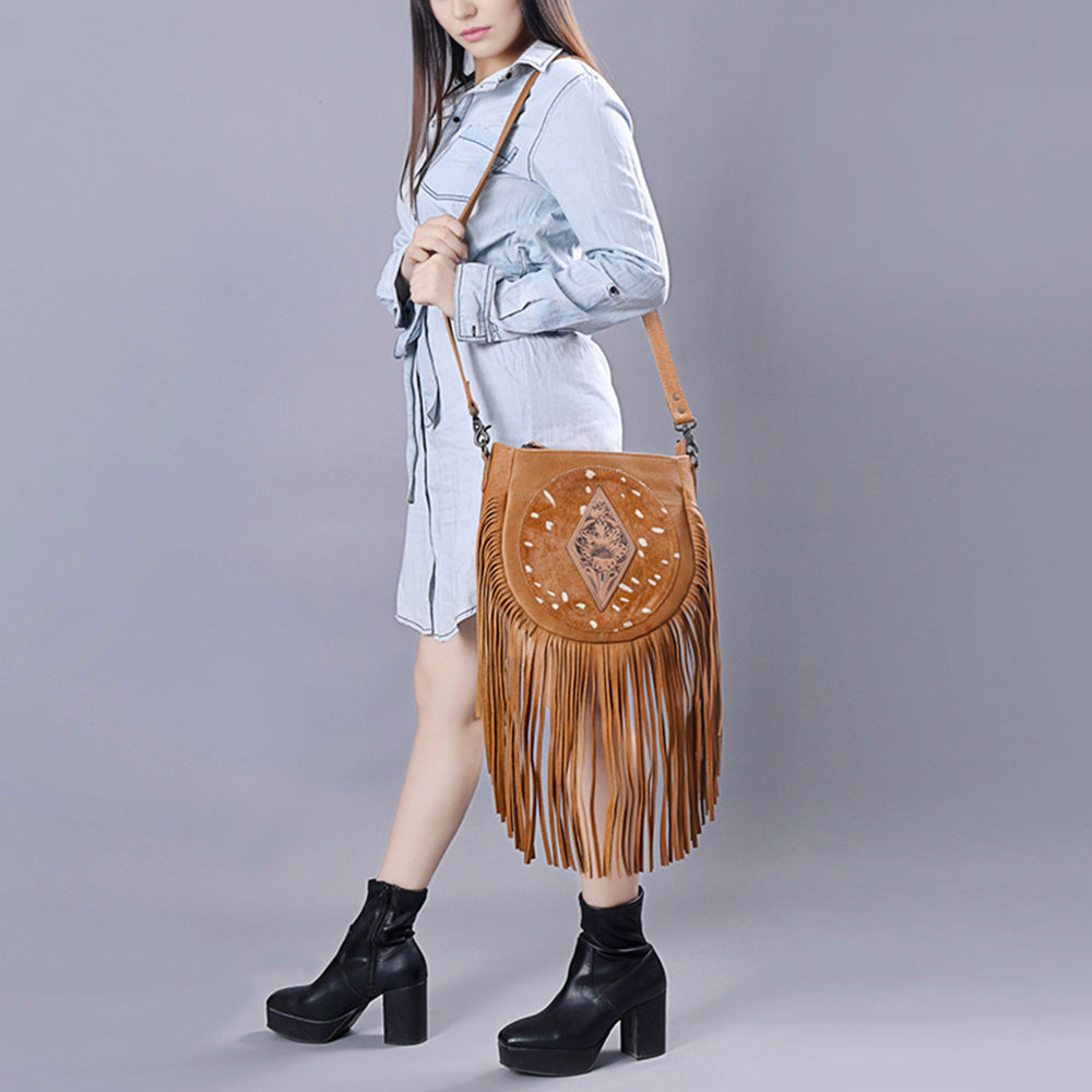 ADBG1062B American Darling Hand-Tooled Hair-On Leather Crossbody Bag Fringe - Western Cowhide Purse