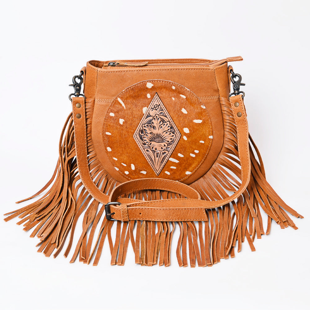 ADBG1062B American Darling Hand-Tooled Hair-On Leather Crossbody Bag Fringe - Western Cowhide Purse