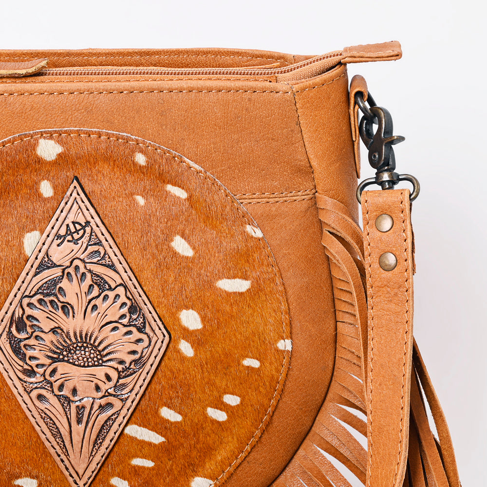 ADBG1062B American Darling Hand-Tooled Hair-On Leather Crossbody Bag Fringe - Western Cowhide Purse