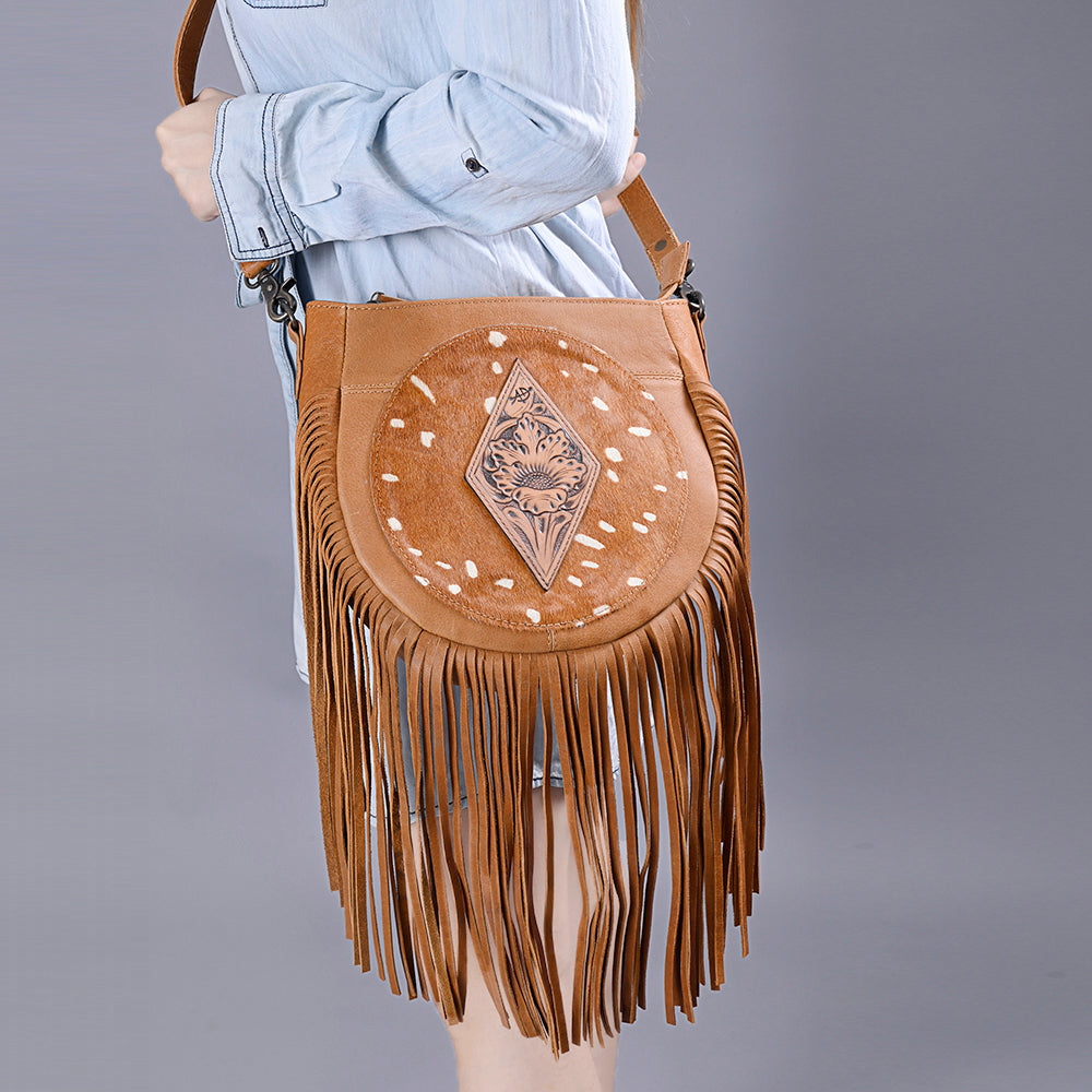 ADBG1062B American Darling Hand-Tooled Hair-On Leather Crossbody Bag Fringe - Western Cowhide Purse