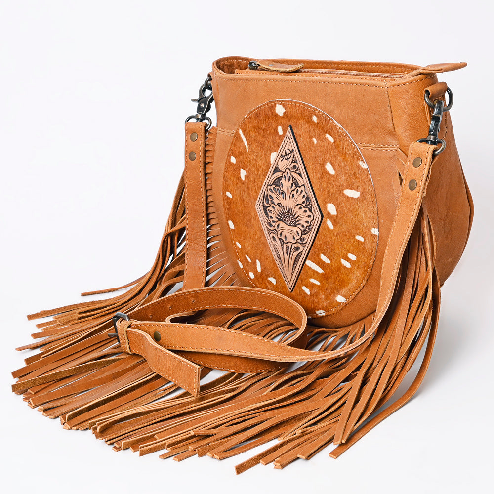 ADBG1062B American Darling Hand-Tooled Hair-On Leather Crossbody Bag Fringe - Western Cowhide Purse