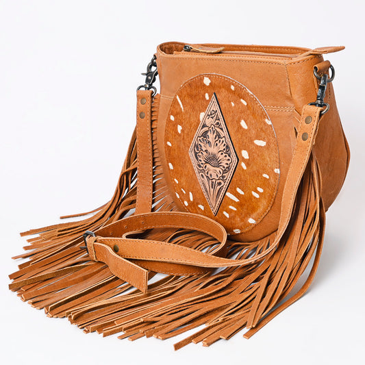 ADBG1062B American Darling Hand-Tooled Hair-On Leather Crossbody Bag Fringe - Western Cowhide Purse