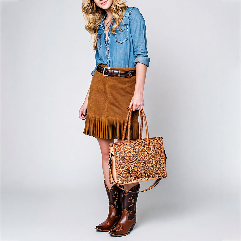 ADBG1131 American Darling Hand Tooled Leather Tote Bag | Western Floral Carved Purse