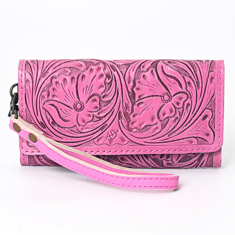 ADBG1132 American Darling Pink Hand Tooled Floral Leather Clutch Wallet Wristlet