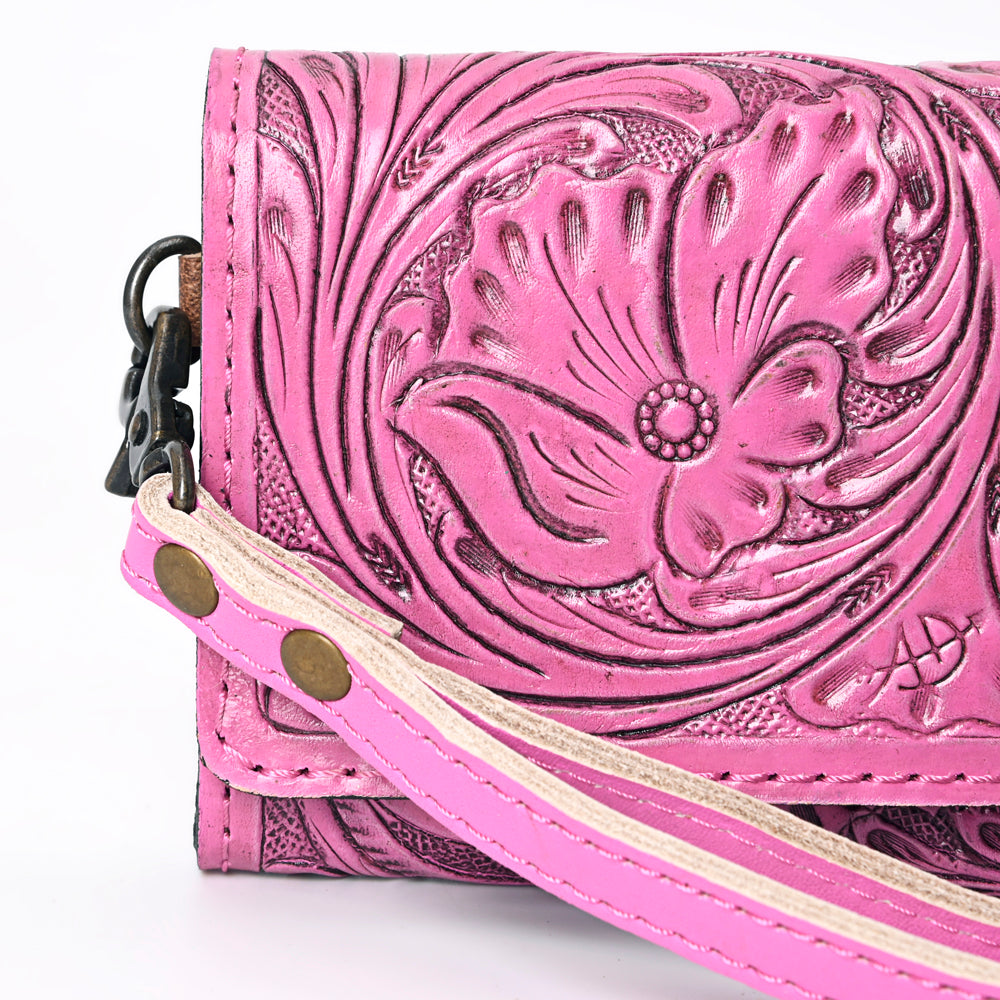 ADBG1132 American Darling Pink Hand Tooled Floral Leather Clutch Wallet Wristlet