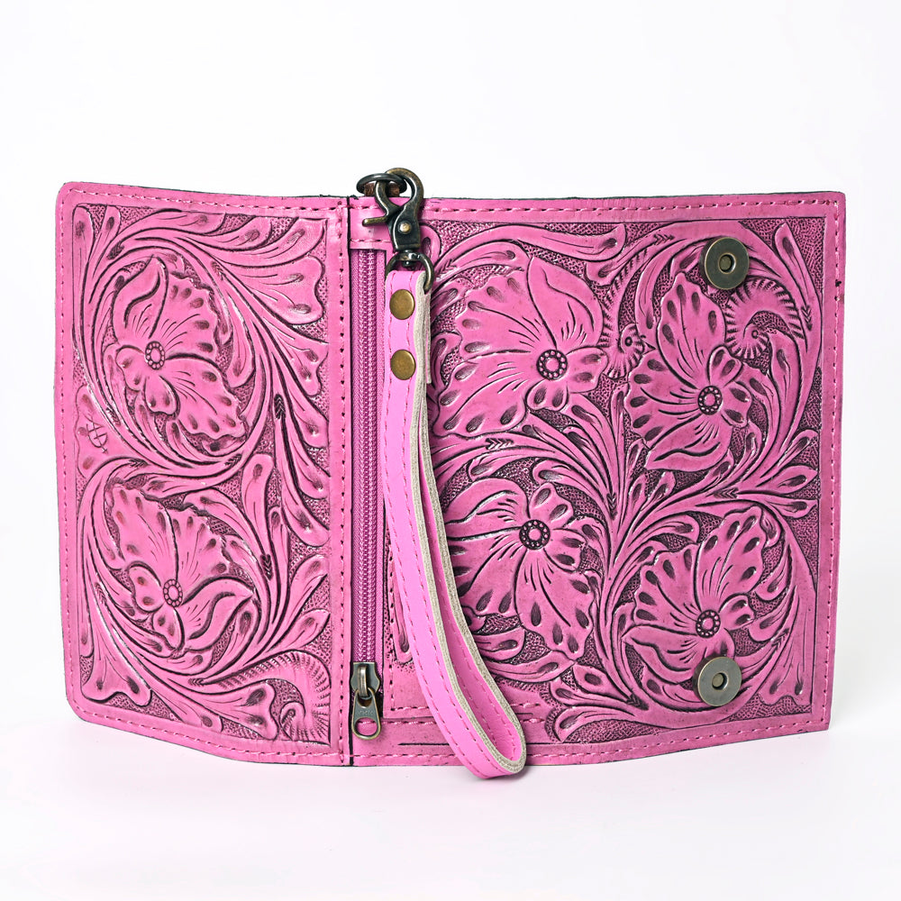 ADBG1132 American Darling Pink Hand Tooled Floral Leather Clutch Wallet Wristlet