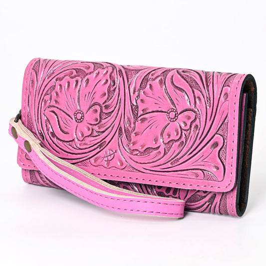 ADBG1132 American Darling Pink Hand Tooled Floral Leather Clutch Wallet Wristlet