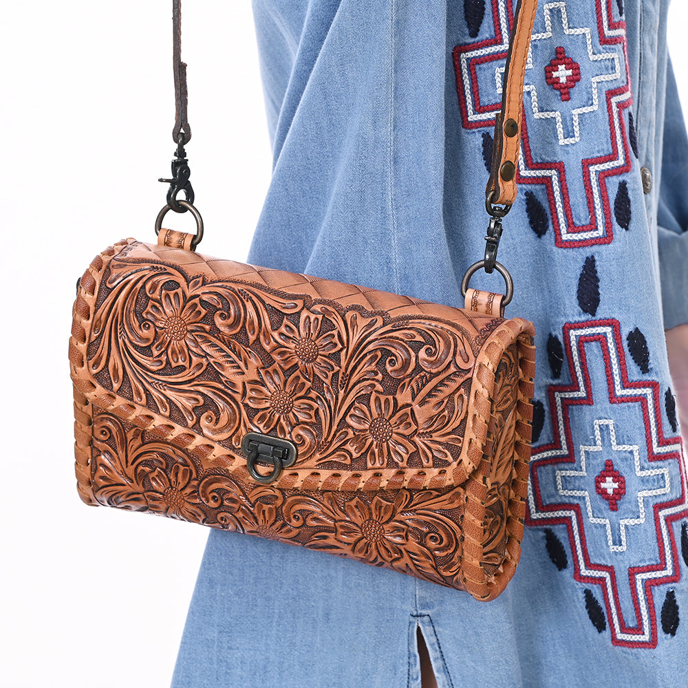 ADBG1133 American Darling Hand Tooled Floral Leather Wallet Bag Western Purse
