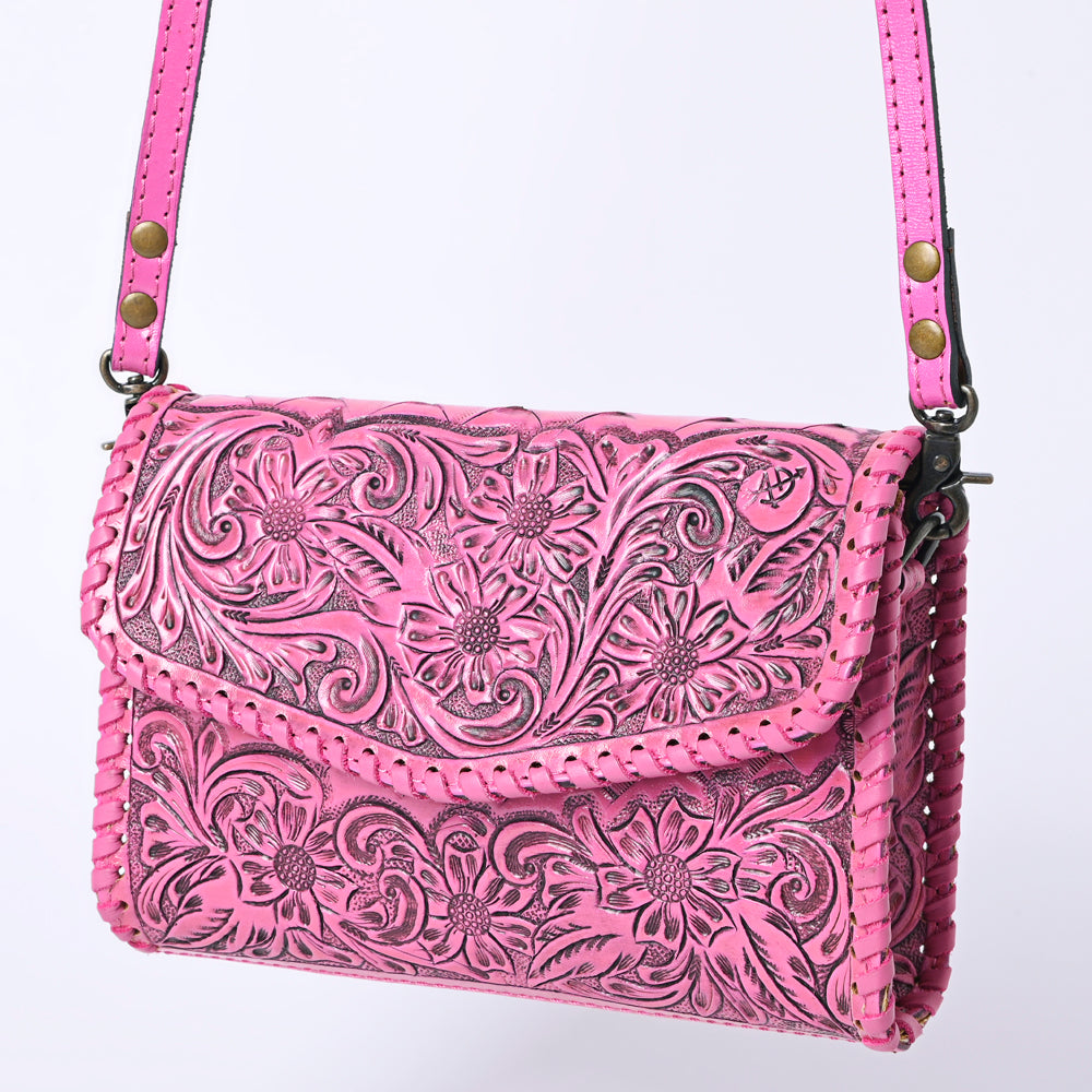 ADBG1133 American Darling Pink Hand Tooled Floral Leather Crossbody Wallet Bag