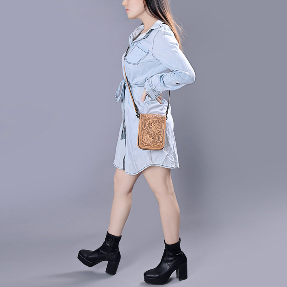 ADBG1135 American Darling Hand Tooled Floral Leather Cell Phone Bag Western Crossbody