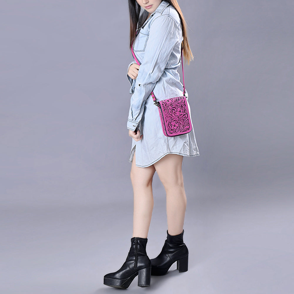 ADBG1135 American Darling Pink Hand Tooled Floral Leather Cell Phone Bag Crossbody