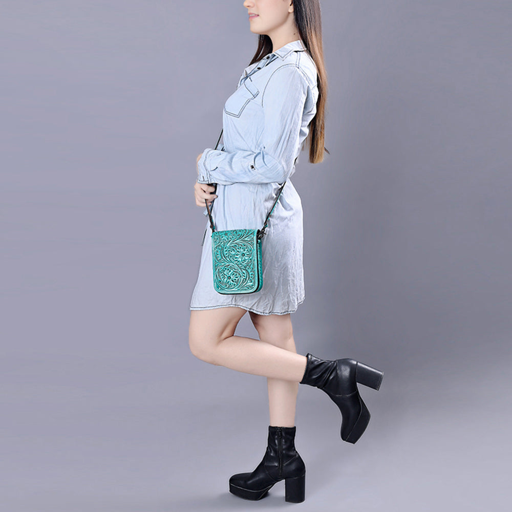 ADBG1135 American Darling Hand Tooled Floral Leather Cell Phone Bag Western Crossbody