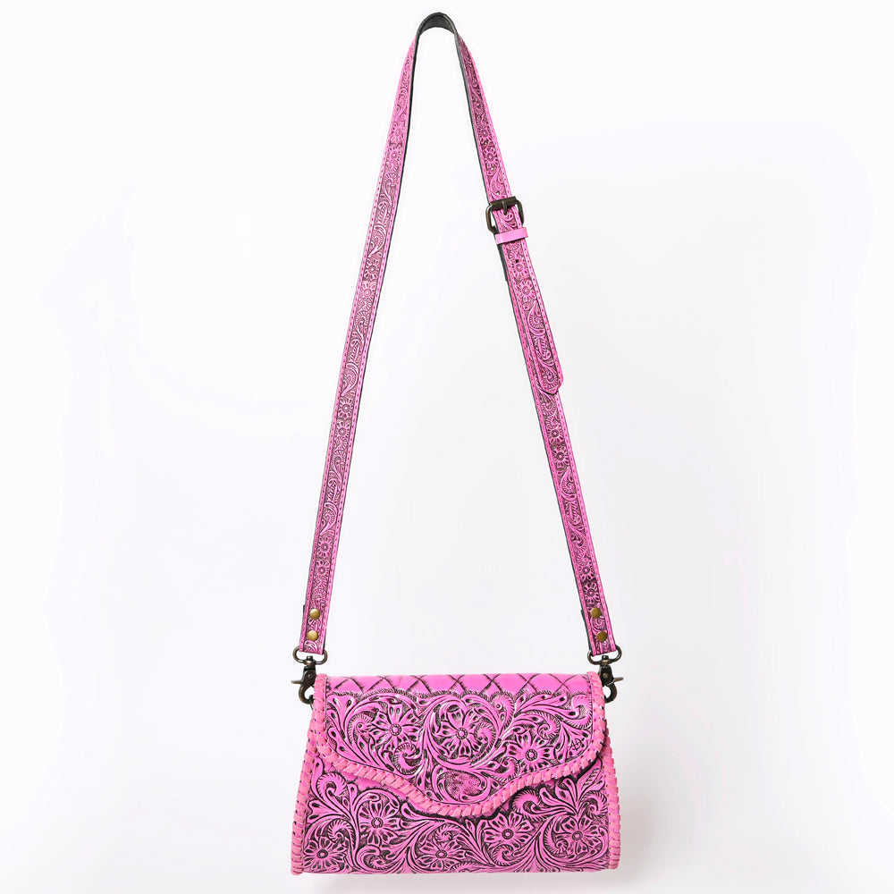 ADBG1137 American Darling Pink Hand Tooled Floral Leather Clutch Crossbody Bag