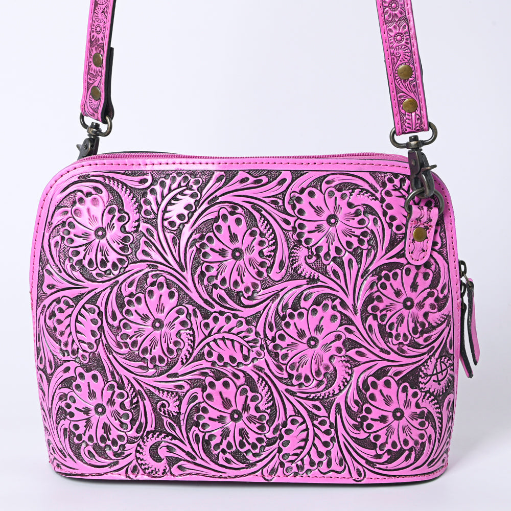 ADBG1138 American Darling Pink Hand Tooled Floral Leather Crossbody Bag Western Purse With Adjustable Strap