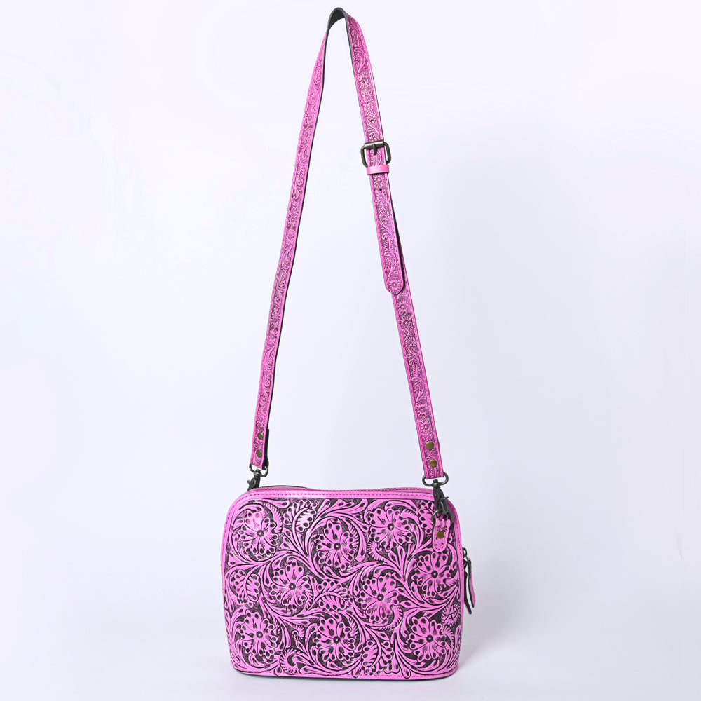 ADBG1138 American Darling Pink Hand Tooled Floral Leather Crossbody Bag Western Purse With Adjustable Strap