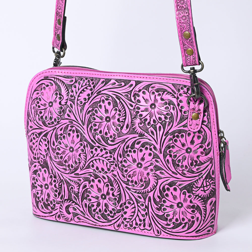 ADBG1138 American Darling Pink Hand Tooled Floral Leather Crossbody Bag Western Purse With Adjustable Strap