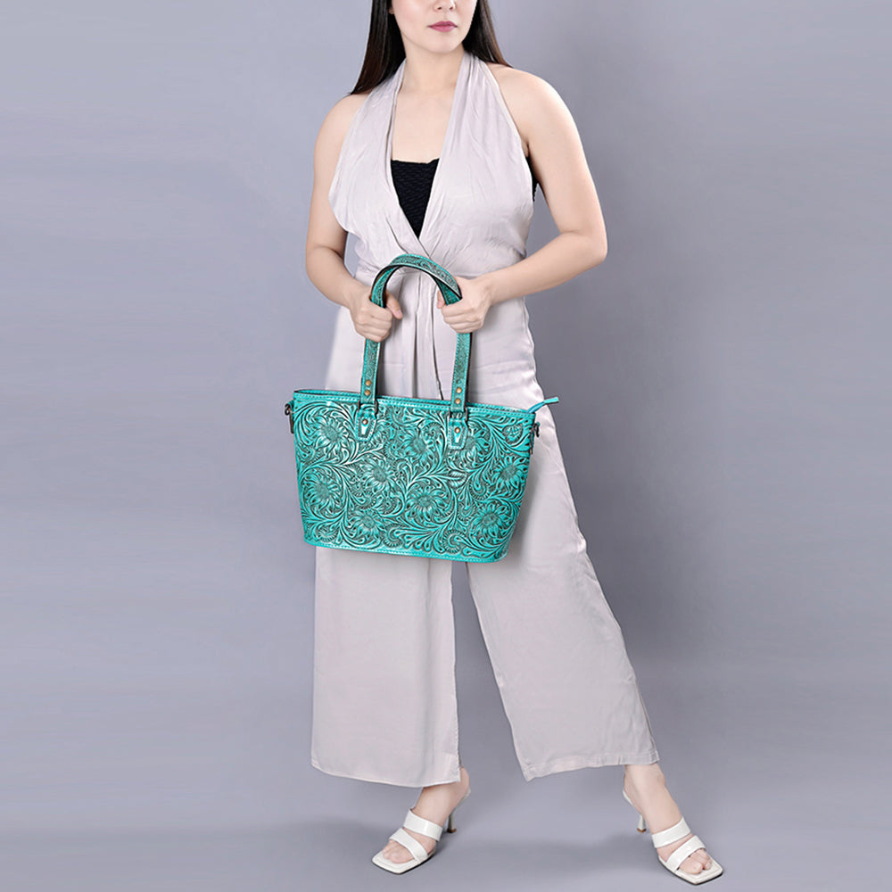 ADBG1141 American Darling Artisan Floral Tooled Leather Tote Bag with Long Handles and Strap