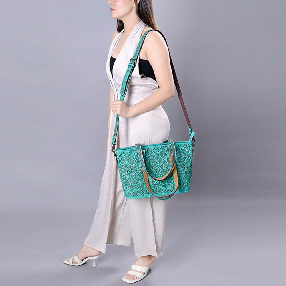 ADBG1141 American Darling Artisan Floral Tooled Leather Tote Bag with Long Handles and Strap
