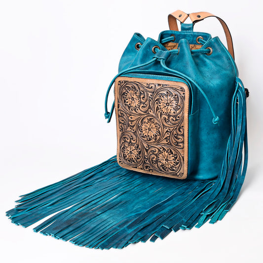 LC-ADBGZ741 Teal Hand Tooled Leather Fringe Backpack - Western Cowgirl Drawstring Bag