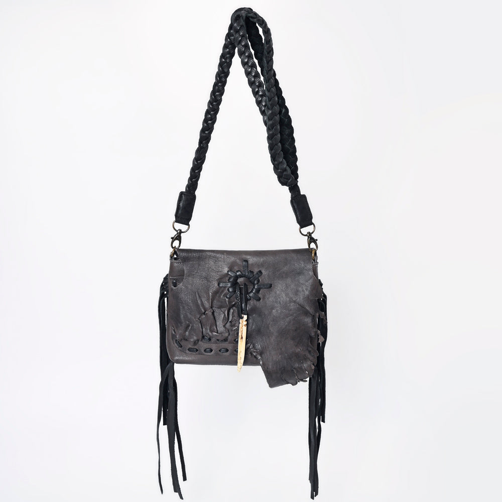 ADBGM255 Leather Western Crossbody Bag - Fringe Purse with Horn Toggle & Braided Strap