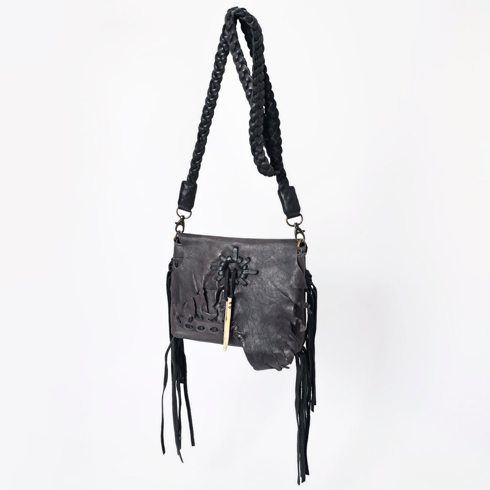 ADBGM255 Leather Western Crossbody Bag - Fringe Purse with Horn Toggle & Braided Strap