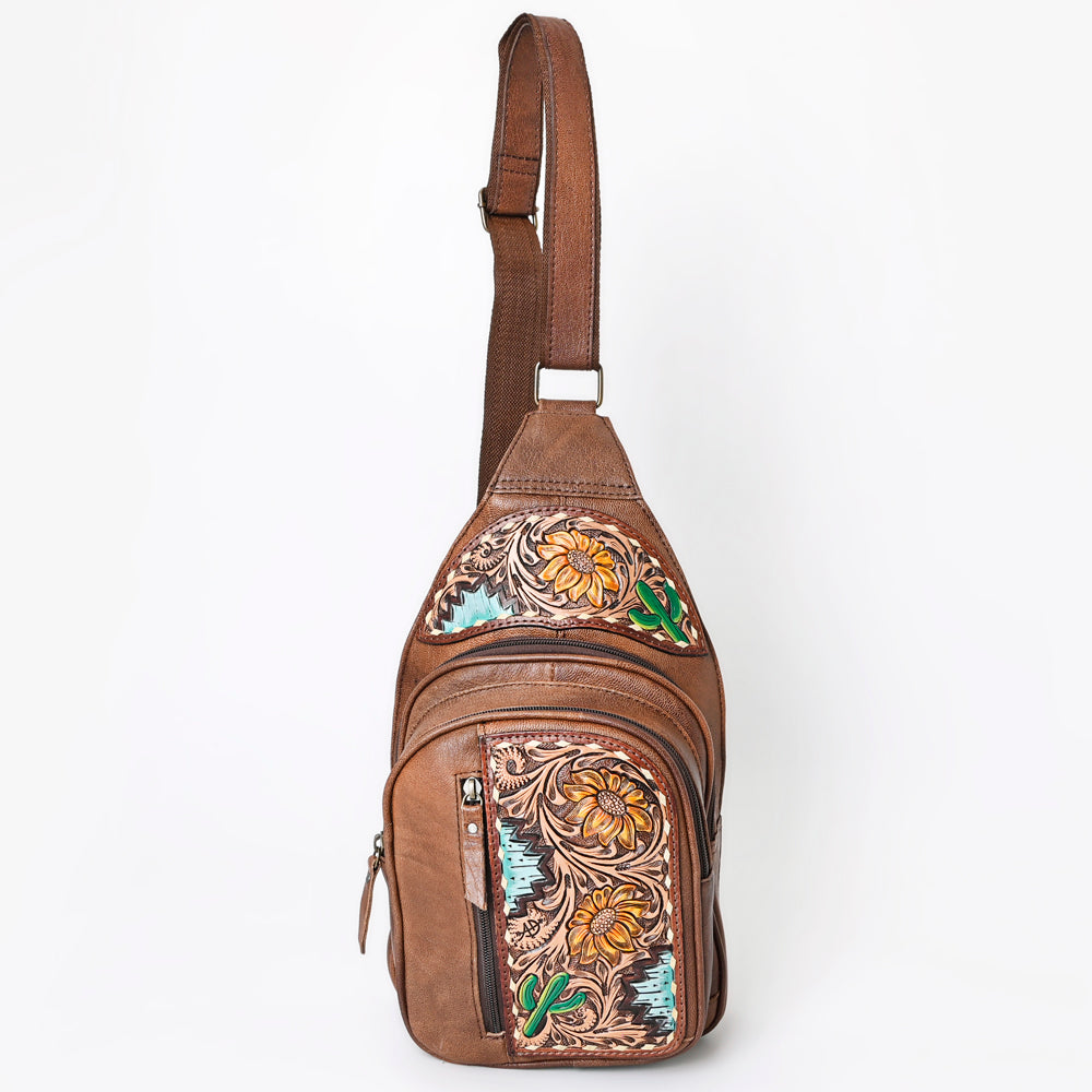 ADBG1153 American Darling Tooled Leather Sling Bag | Floral Carved Western Backpack