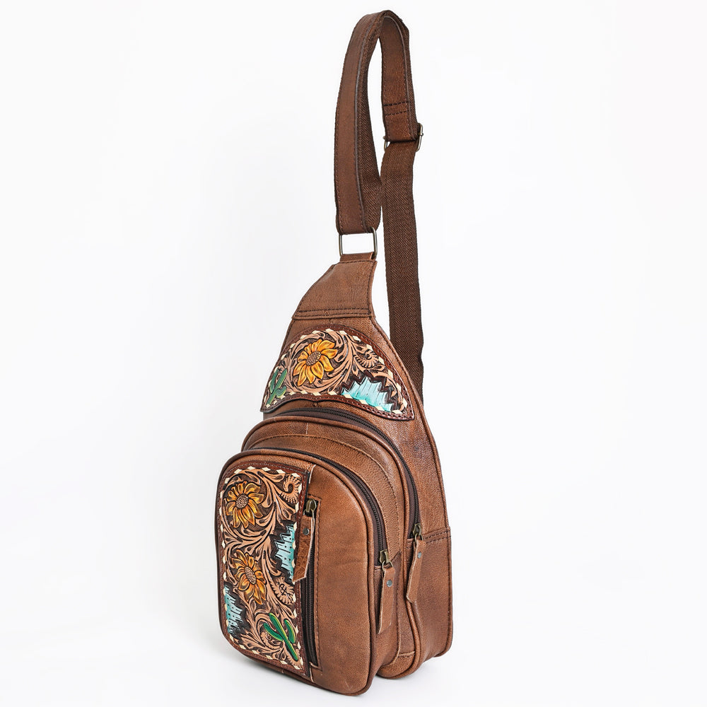 ADBG1153 American Darling Tooled Leather Sling Bag | Floral Carved Western Backpack