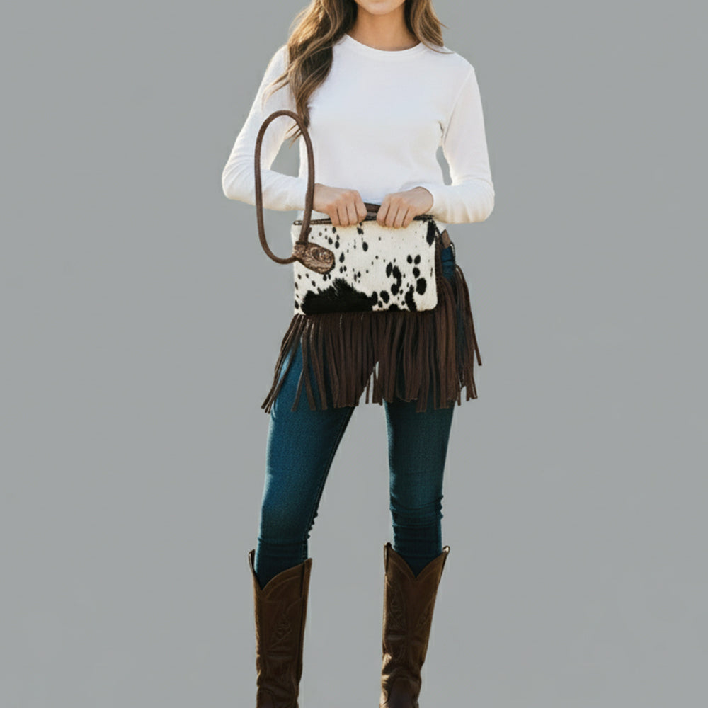 ADBG1155 American Darling Cowhide Fringe Wristlet Bag | Western Leather Clutch