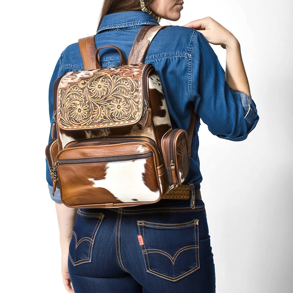 ADBG1157 American Darling Cowhide & Tooled Leather Backpack | Western Travel Bag