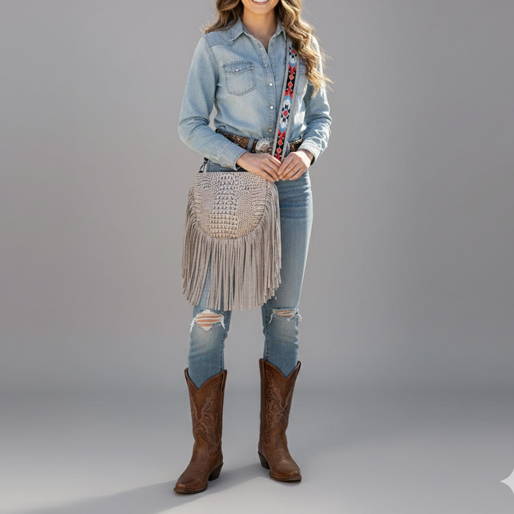 ADBG1168 American Darling Crocodile Embossed Fringe Crossbody | Western Beaded Strap Bag