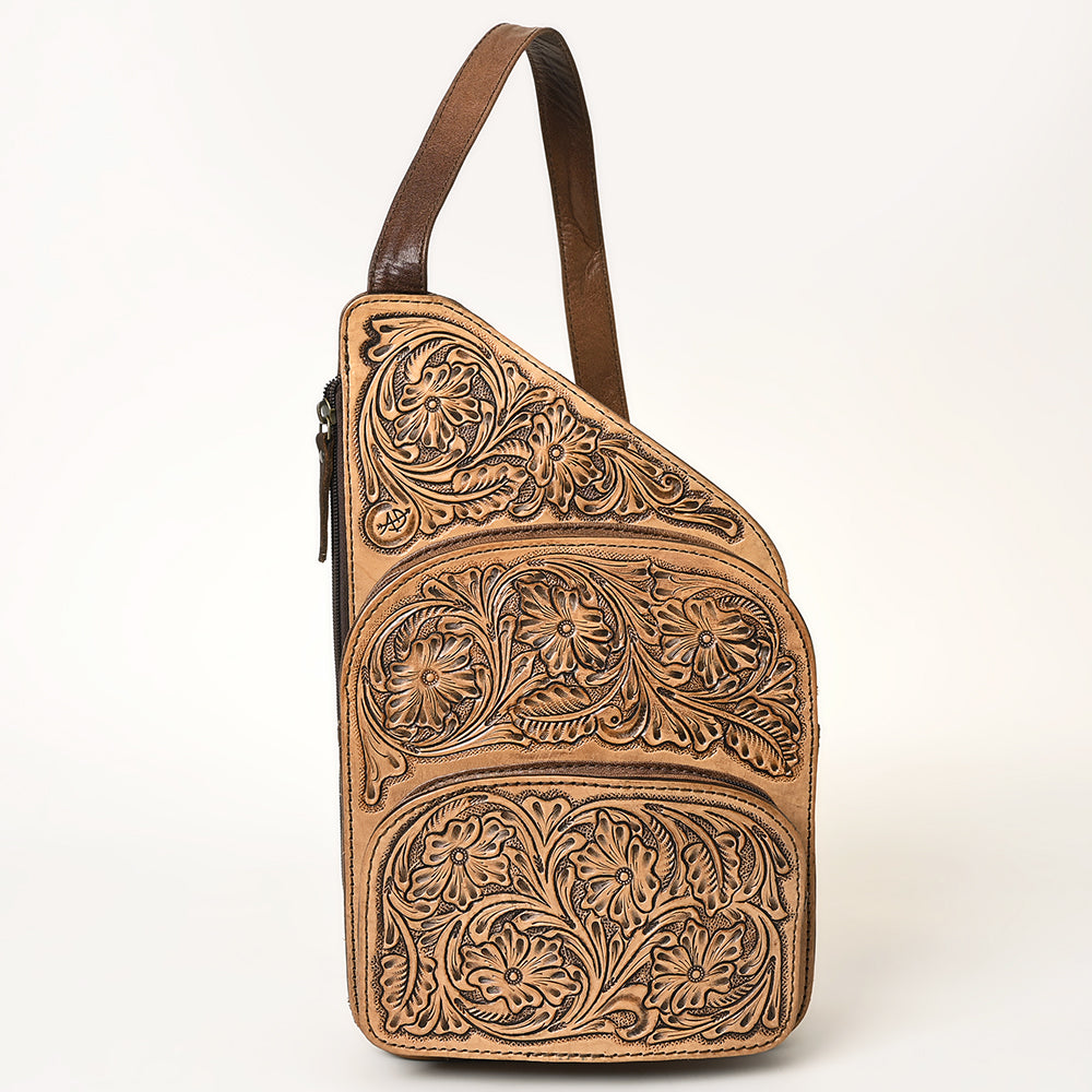 ADBG1176 American Darling Hand-Tooled Leather Sling Bag | Floral Carved Multi-Pocket Backpack