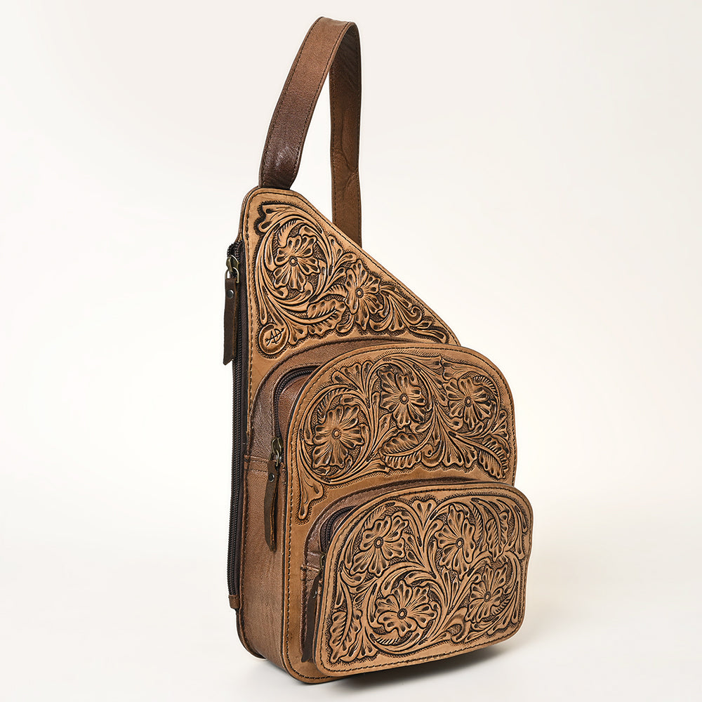 ADBG1176 American Darling Hand-Tooled Leather Sling Bag | Floral Carved Multi-Pocket Backpack