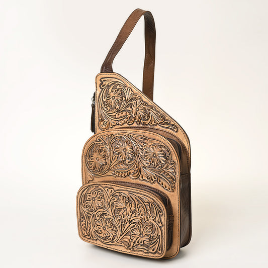 ADBG1176 American Darling Hand-Tooled Leather Sling Bag | Floral Carved Multi-Pocket Backpack