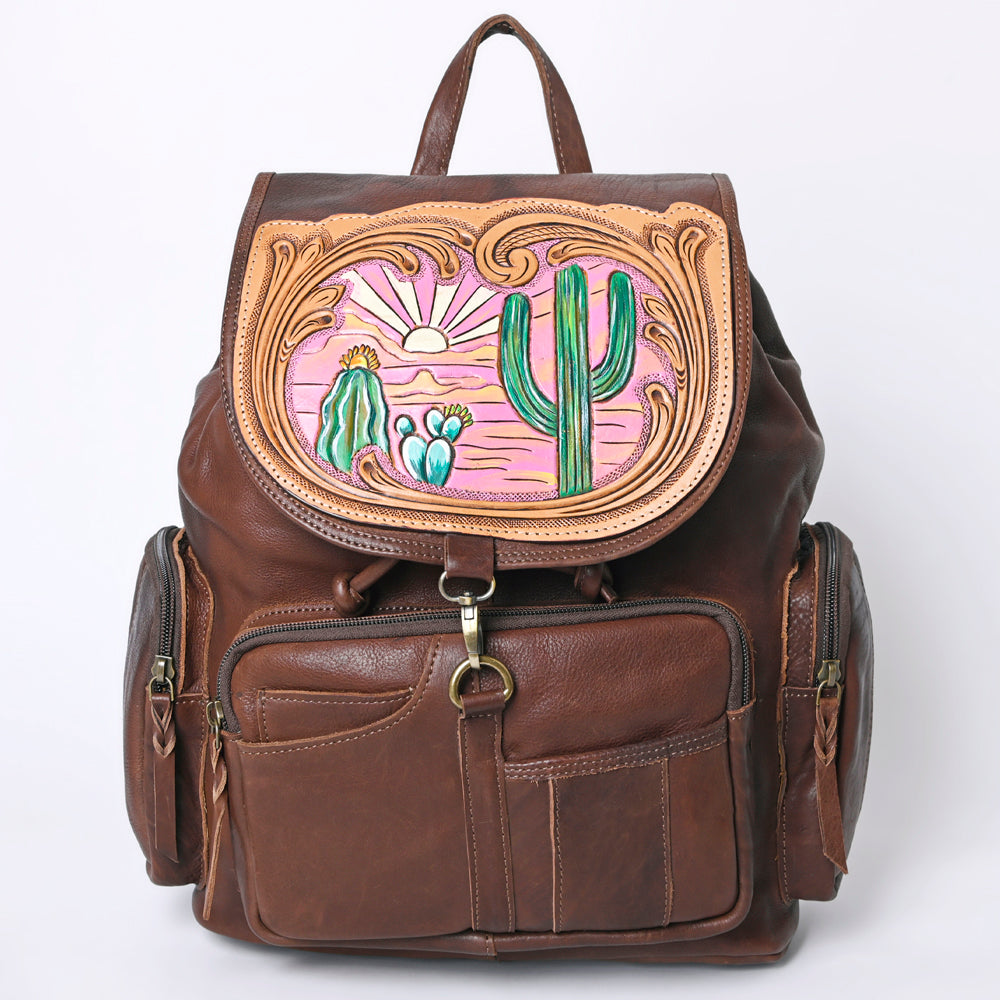 LC-ADBGM344 Tooled Leather Western Backpack with Hand-Painted Desert Cactus Flap - Genuine Brown Leather
