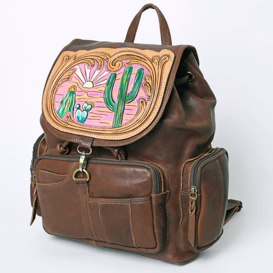 LC-ADBGM344 Tooled Leather Western Backpack with Hand-Painted Desert Cactus Flap - Genuine Brown Leather
