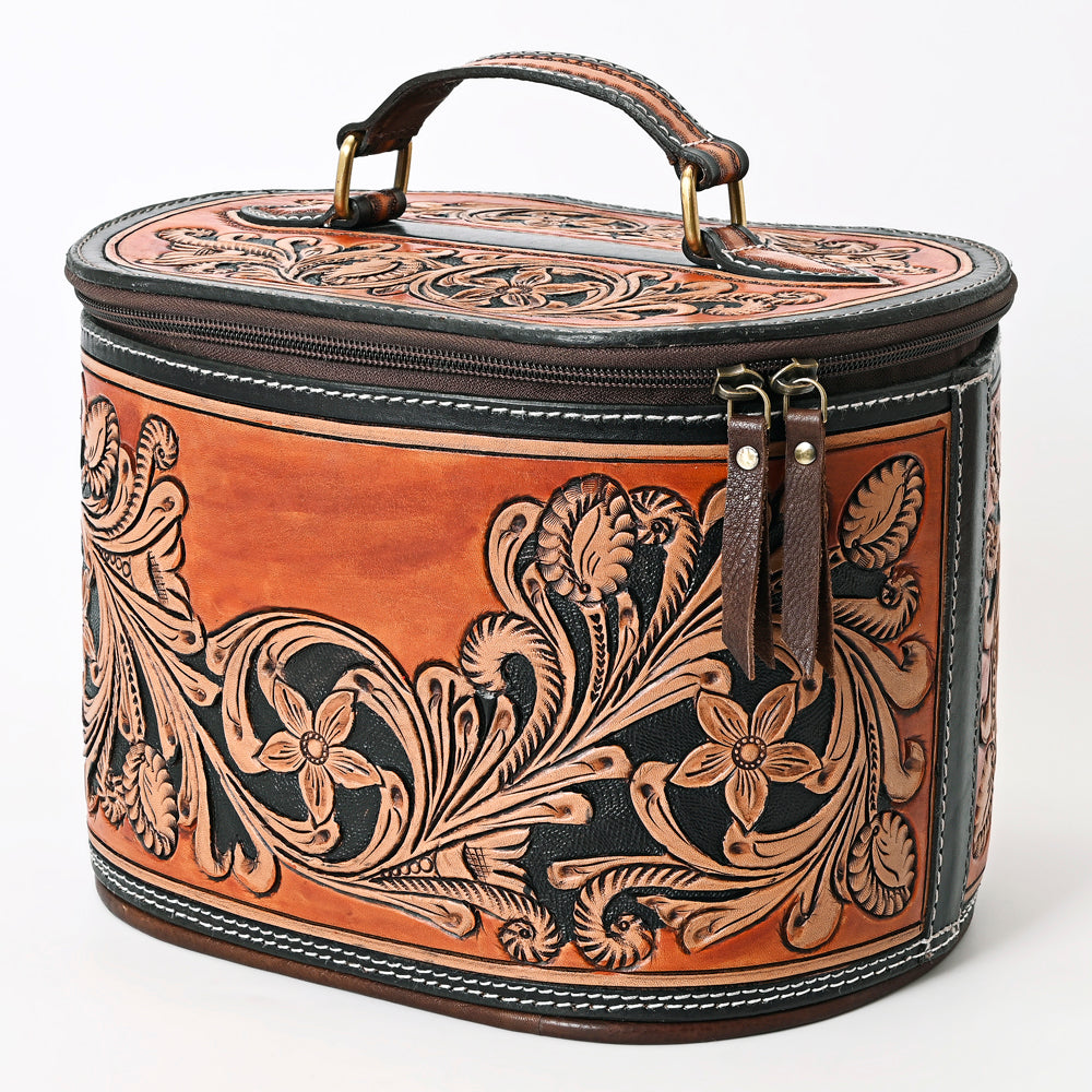 ADBGA345 Hand-Tooled Leather Makeup Case with Floral Carving and Handle Western Vanity Organizer