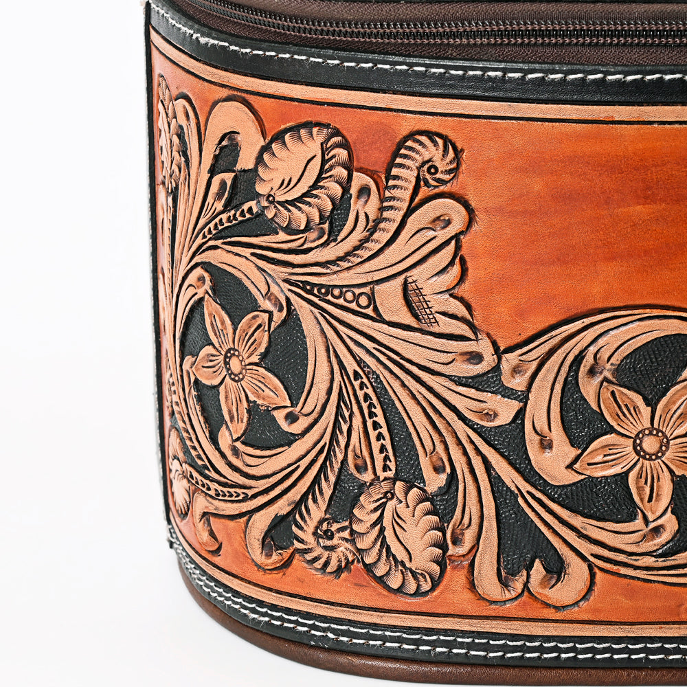 ADBGA345 Hand-Tooled Leather Makeup Case with Floral Carving and Handle Western Vanity Organizer
