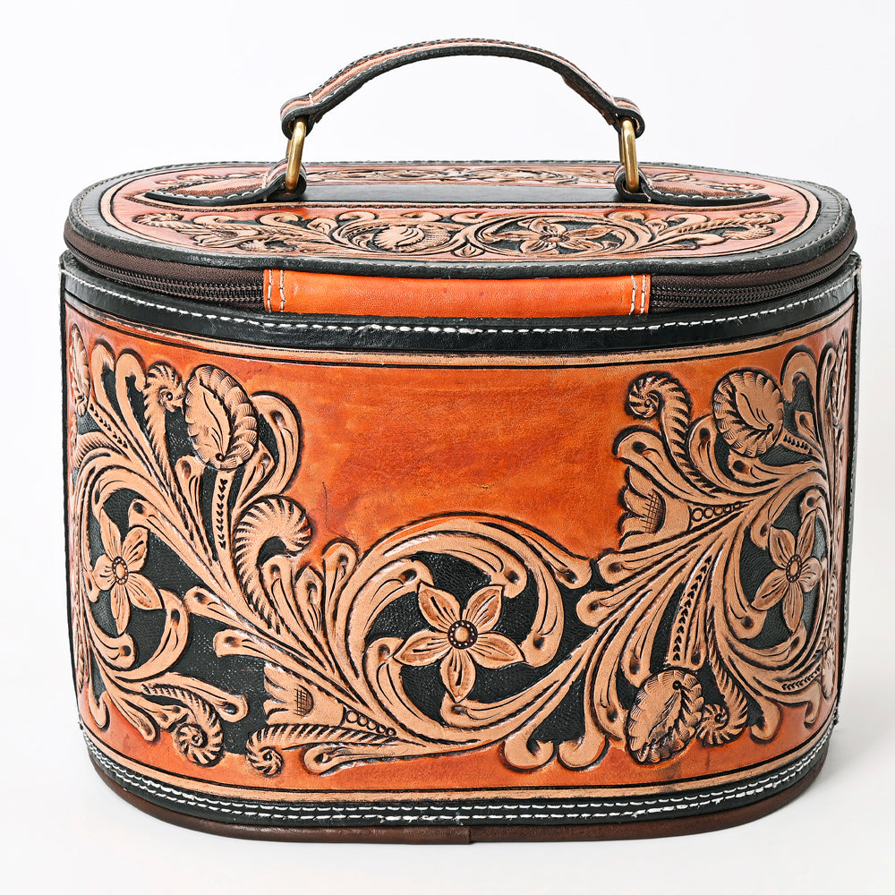 ADBGA345 Hand-Tooled Leather Makeup Case with Floral Carving and Handle Western Vanity Organizer