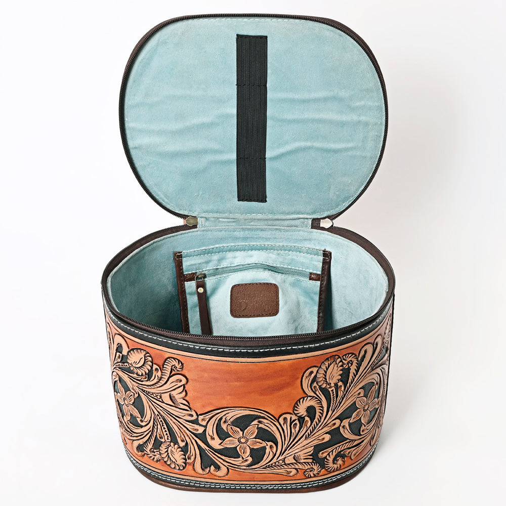 ADBGA345 Hand-Tooled Leather Makeup Case with Floral Carving and Handle Western Vanity Organizer