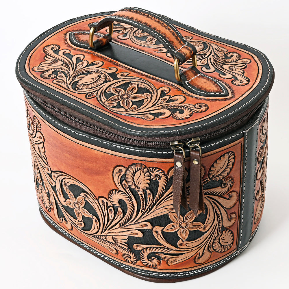 ADBGA345 Hand-Tooled Leather Makeup Case with Floral Carving and Handle Western Vanity Organizer