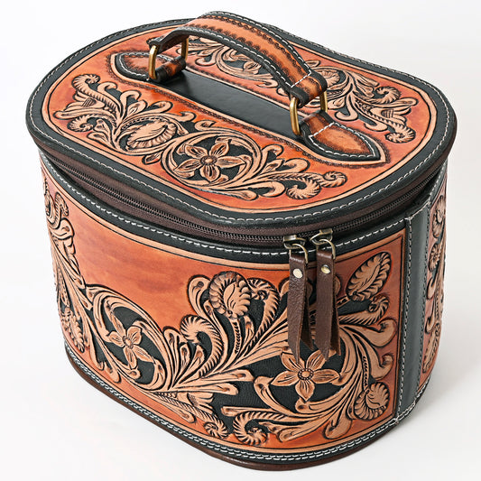 ADBGA345 Hand-Tooled Leather Makeup Case with Floral Carving and Handle Western Vanity Organizer