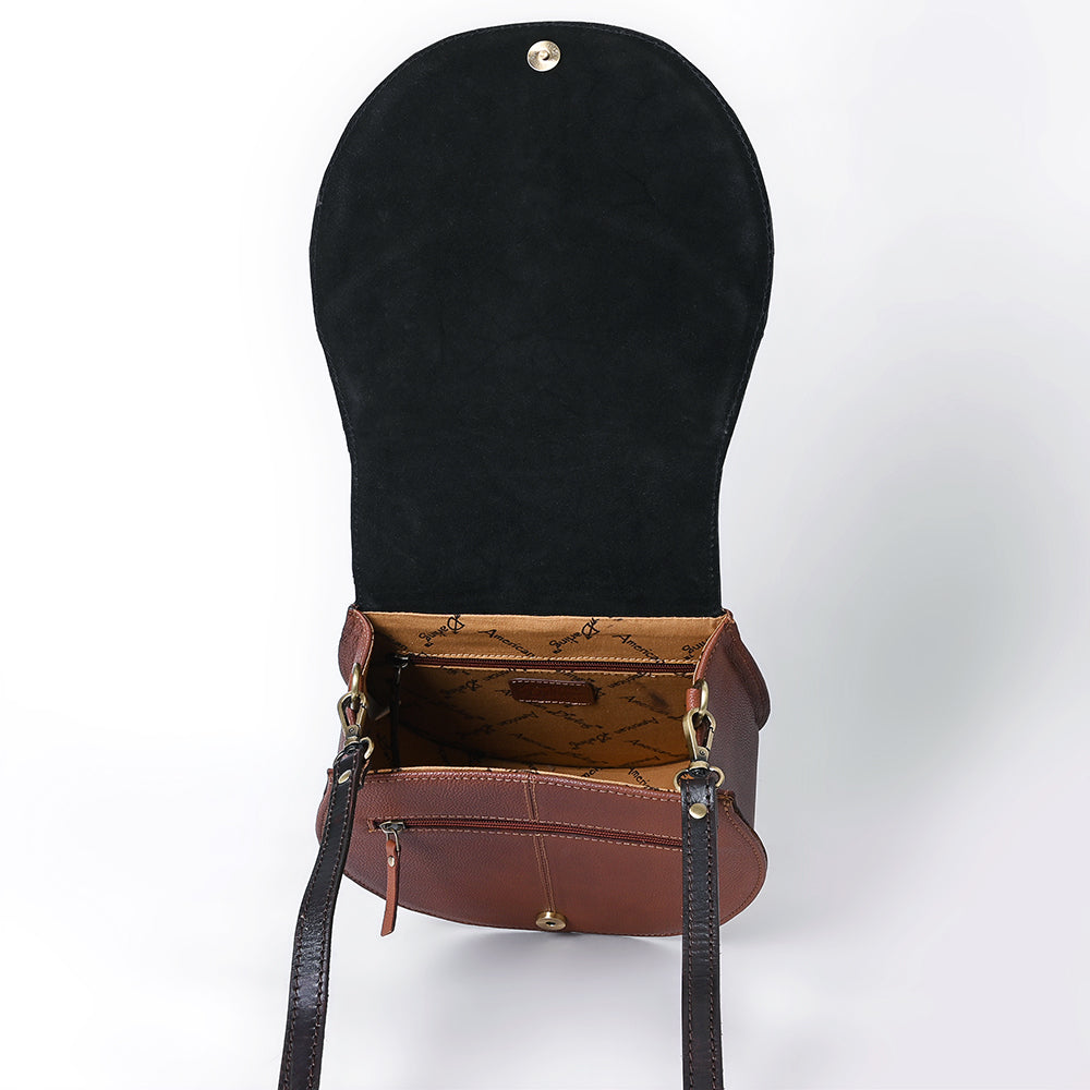 ADBGA352 Tooled Leather Western Saddle Bag with Buckle Closure Floral Round Crossbody