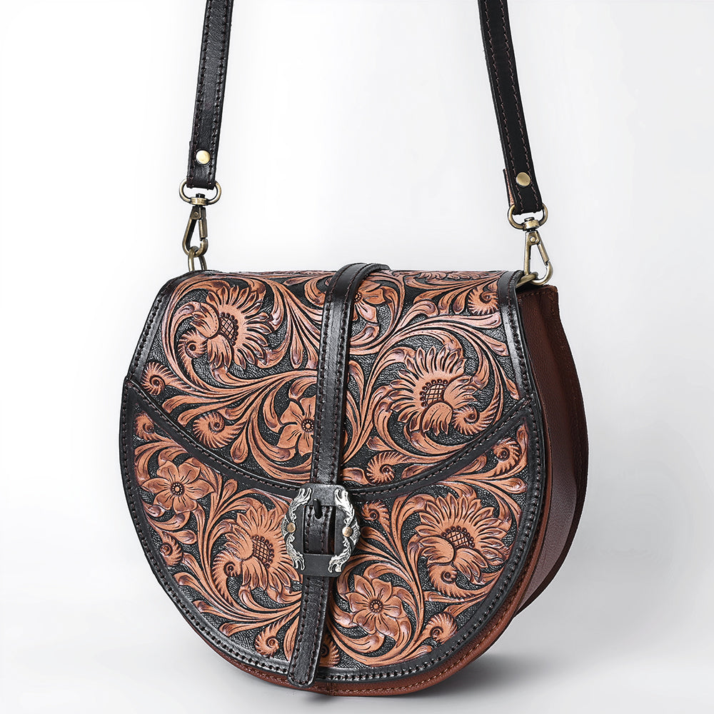 ADBGA352 Tooled Leather Western Saddle Bag with Buckle Closure Floral Round Crossbody