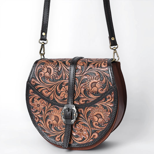 ADBGA352 Tooled Leather Western Saddle Bag with Buckle Closure Floral Round Crossbody