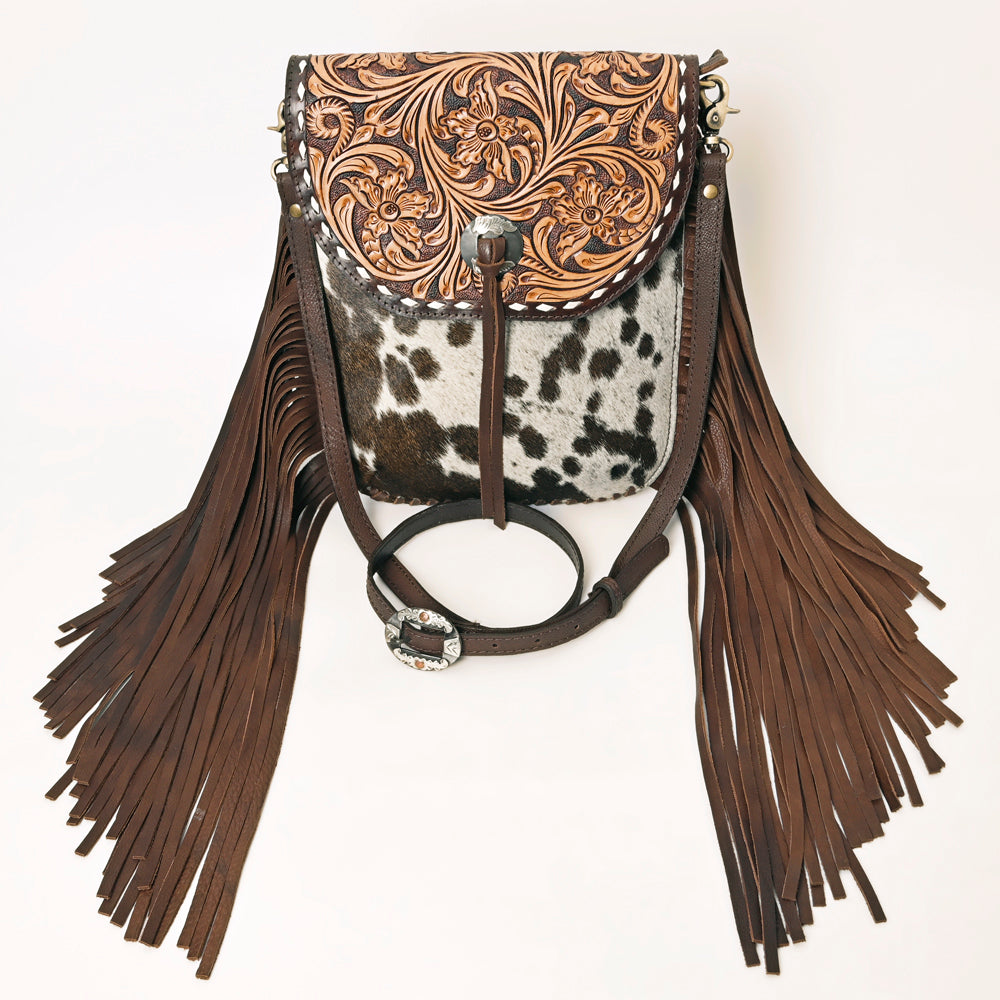 ADBGA353 Tooled Leather & Cowhide Crossbody Bag with Fringe Western Saddle Flap Purse