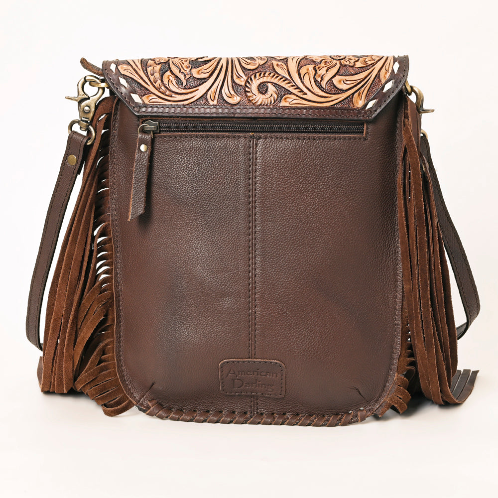 ADBGA353 Tooled Leather & Cowhide Crossbody Bag with Fringe Western Saddle Flap Purse